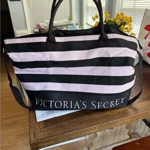 Victoria's Secret Black and Pink Tote Bag with Stripes